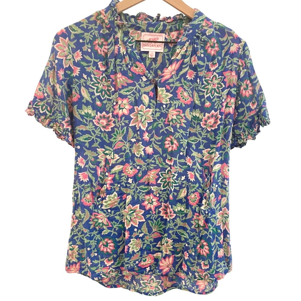 Banjanan Blue Floral Ebisu Cotton Ruffle Short Sleeve Blouse Top Small‎ Pockets